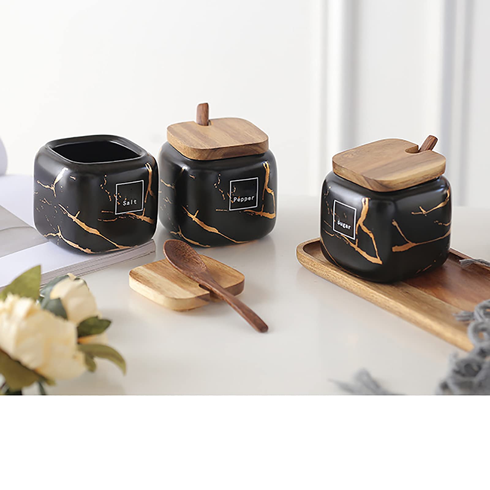 KIDYBELL Ceramic Spice Jars Porcelain Condiment Jars Set Marble Ceramic Seasoning Box 3pcs Condiment Pots for salt, sugar, pepper Kitchen Ceramic Seasoning Condiment Jar Set Black