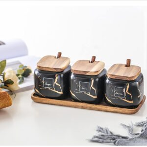 KIDYBELL Ceramic Spice Jars Porcelain Condiment Jars Set Marble Ceramic Seasoning Box 3pcs Condiment Pots for salt, sugar, pepper Kitchen Ceramic Seasoning Condiment Jar Set Black