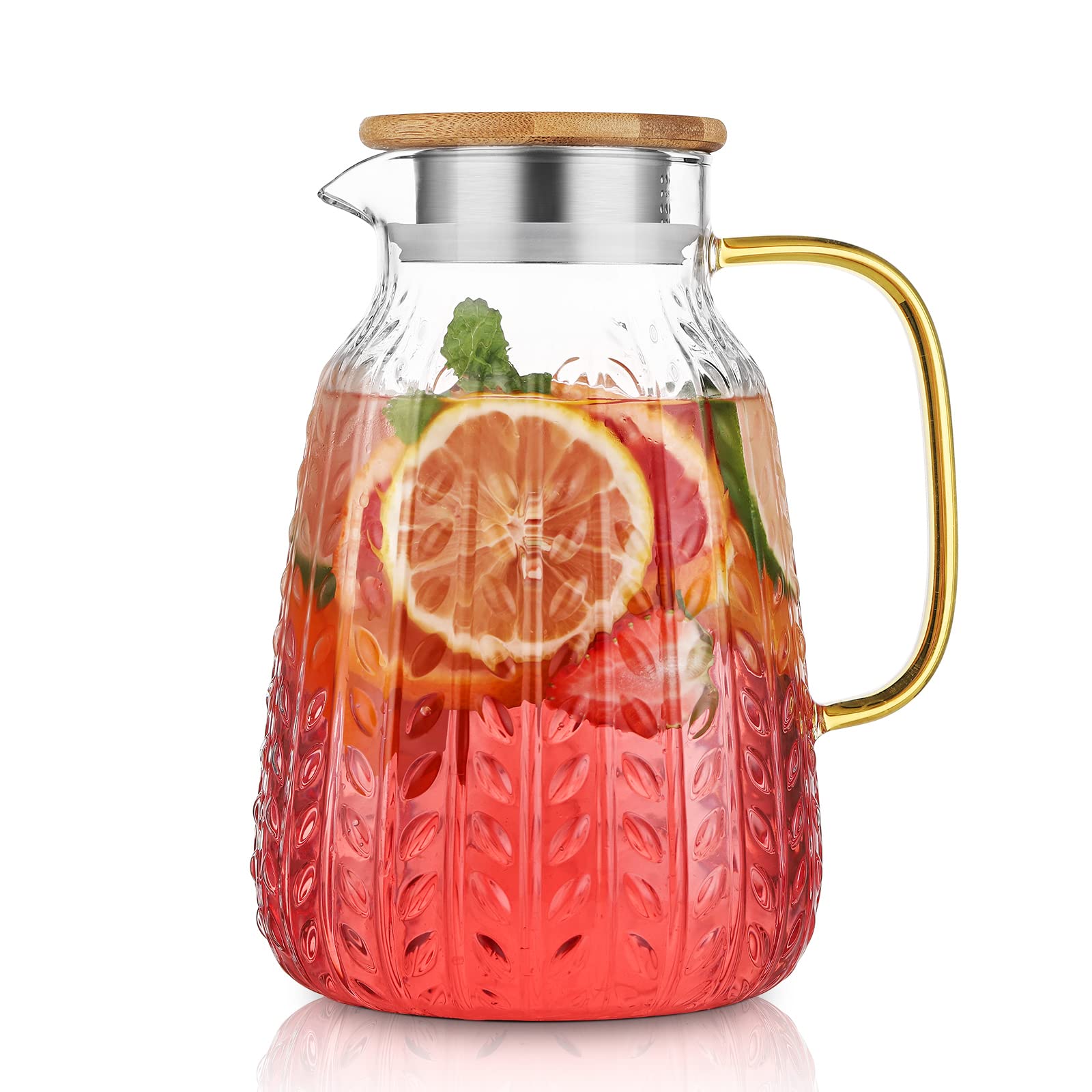 68 Ounce Glass Pitcher with Bamboo Lid | Stove Safe Pitcher Iced Tea Spout Water Carafe,Beverage Pitcher for Homemade Juice and Iced Tea (2000ML)