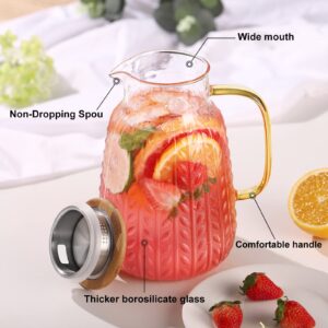 68 Ounce Glass Pitcher with Bamboo Lid | Stove Safe Pitcher Iced Tea Spout Water Carafe,Beverage Pitcher for Homemade Juice and Iced Tea (2000ML)