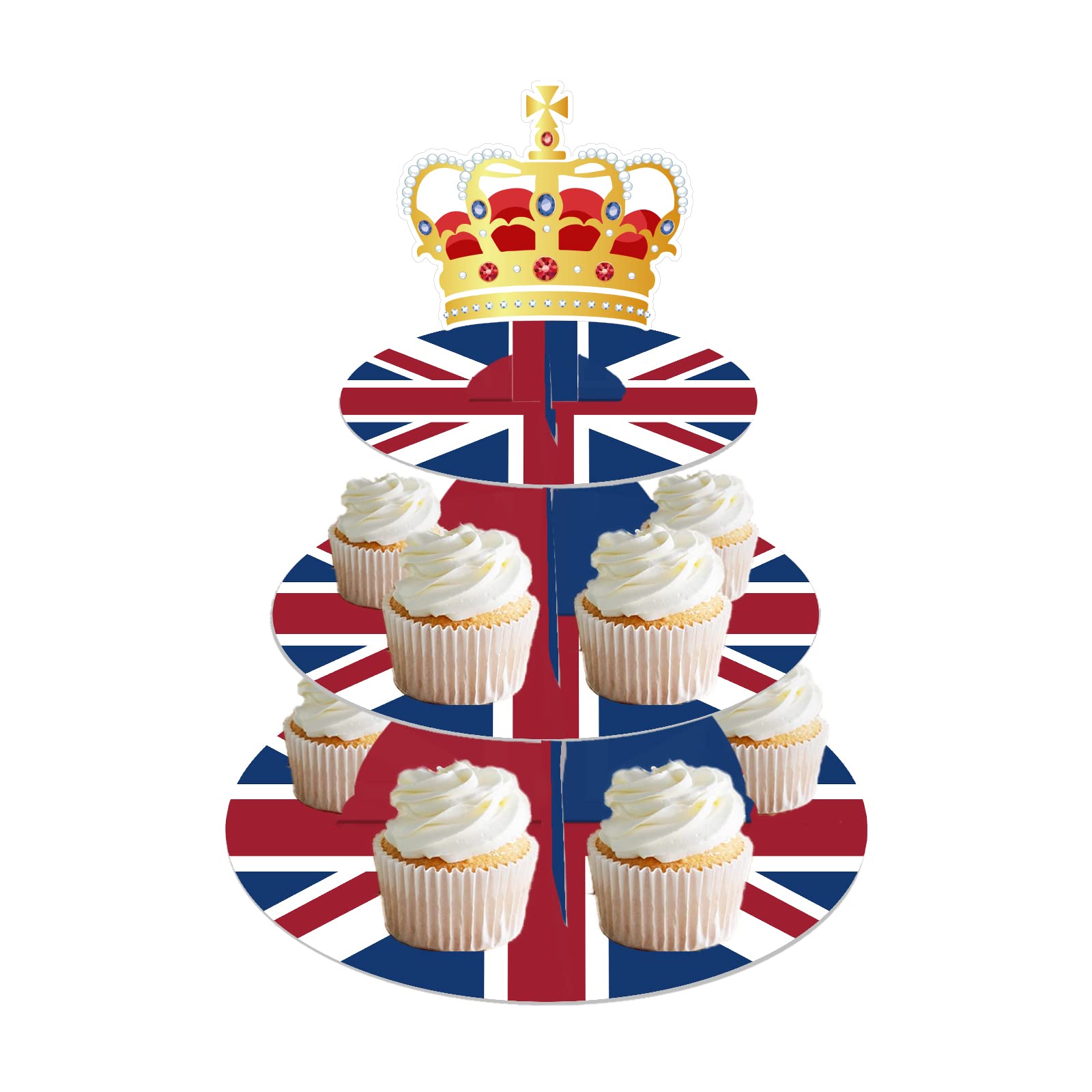 Lide Road 3 Tier British Party Cupcake Stand British Flag Cake Stand United Kingdom Party Cardboard Cake Tower Stand UK England Round Cupcake Tower for British National Day UK Theme Party Supplies