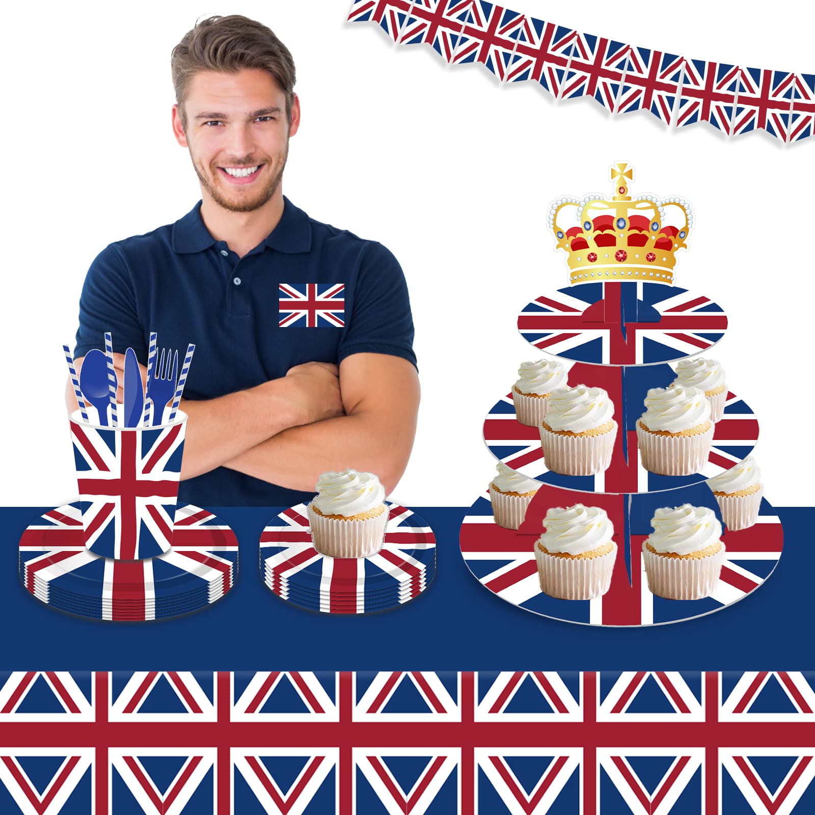 Lide Road 3 Tier British Party Cupcake Stand British Flag Cake Stand United Kingdom Party Cardboard Cake Tower Stand UK England Round Cupcake Tower for British National Day UK Theme Party Supplies