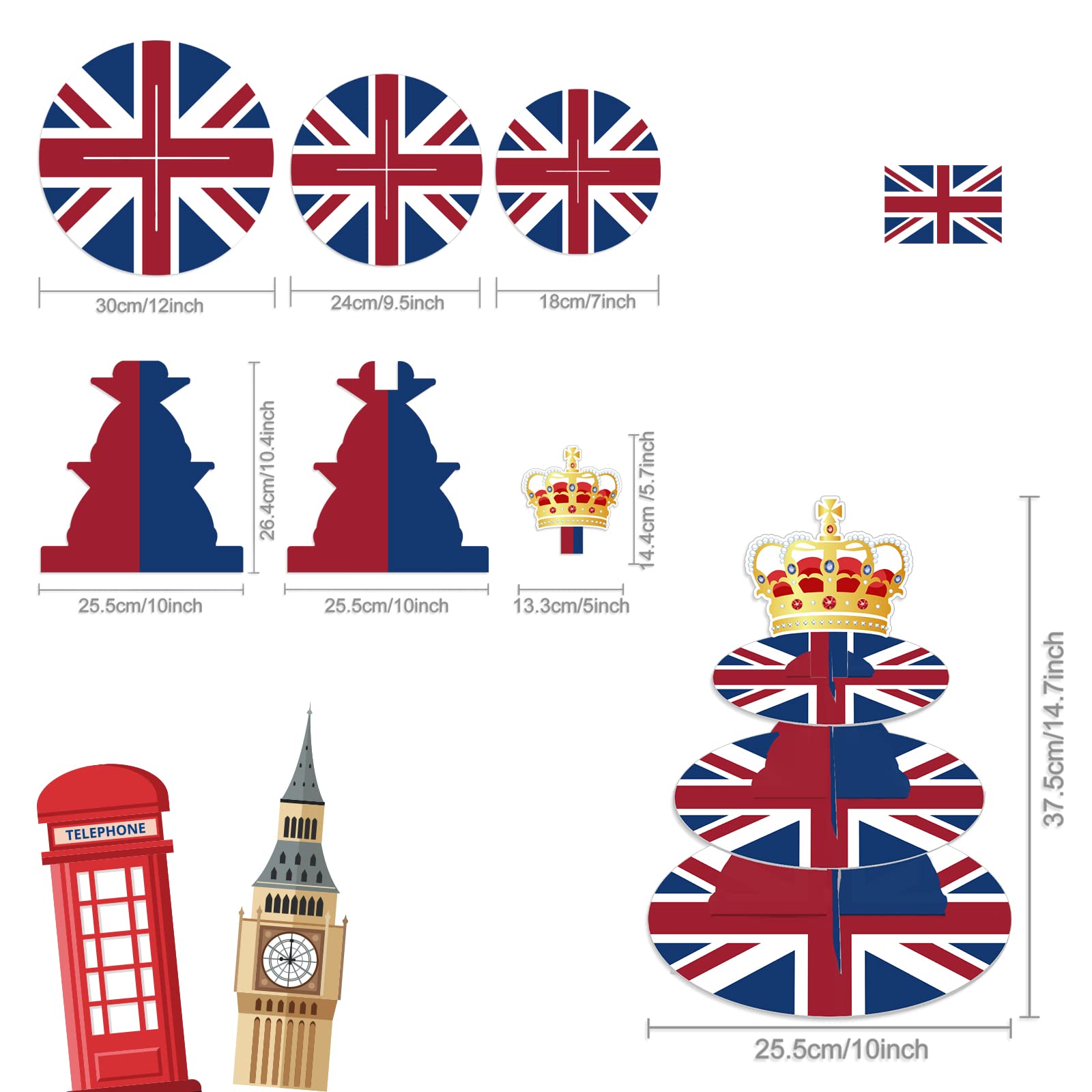 Lide Road 3 Tier British Party Cupcake Stand British Flag Cake Stand United Kingdom Party Cardboard Cake Tower Stand UK England Round Cupcake Tower for British National Day UK Theme Party Supplies