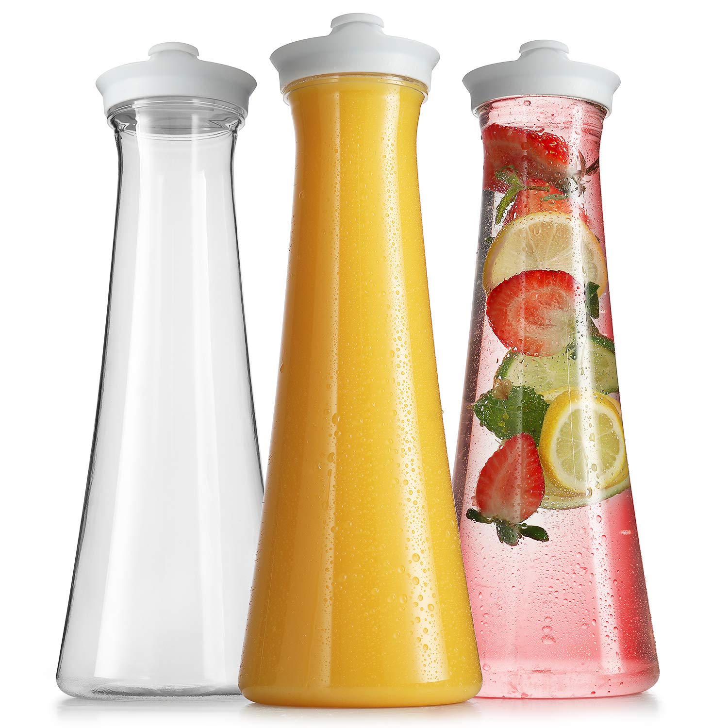 DilaBee Water Carafe with Lids - 3 Pack Plastic Juice Pitcher - Carafes for Mimosa Bar, Milk, Smoothie, Iced Tea and More - Drink Containers for Fridge - 50 Oz