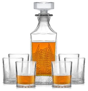 joyjolt gatsby whiskey decanter and 6pc glasses set. 27 oz airtight glass decanter and set of 6 old fashioned rocks glasses for scotch, bourbon whisky, brandy, cognac rum or whiskey cocktails