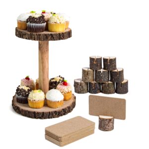 Kingdom Decor Rustic Cupcake Stand. Wooden Cupcake Stand and 10Pcs Rustic Table Number Holders. Two Tiered Tray Wedding Decor, Cupcake Display Stand, Cupcake Stands for Dessert Table