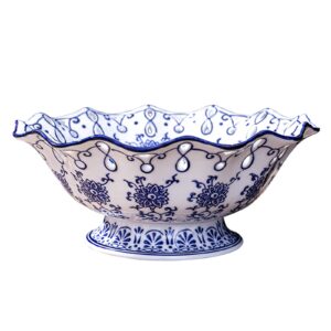 fruit bowl fruit serving plate blue and white porcelain decoration bowl with foot for living dining drawing room, 24cm (blue&white-with foot)