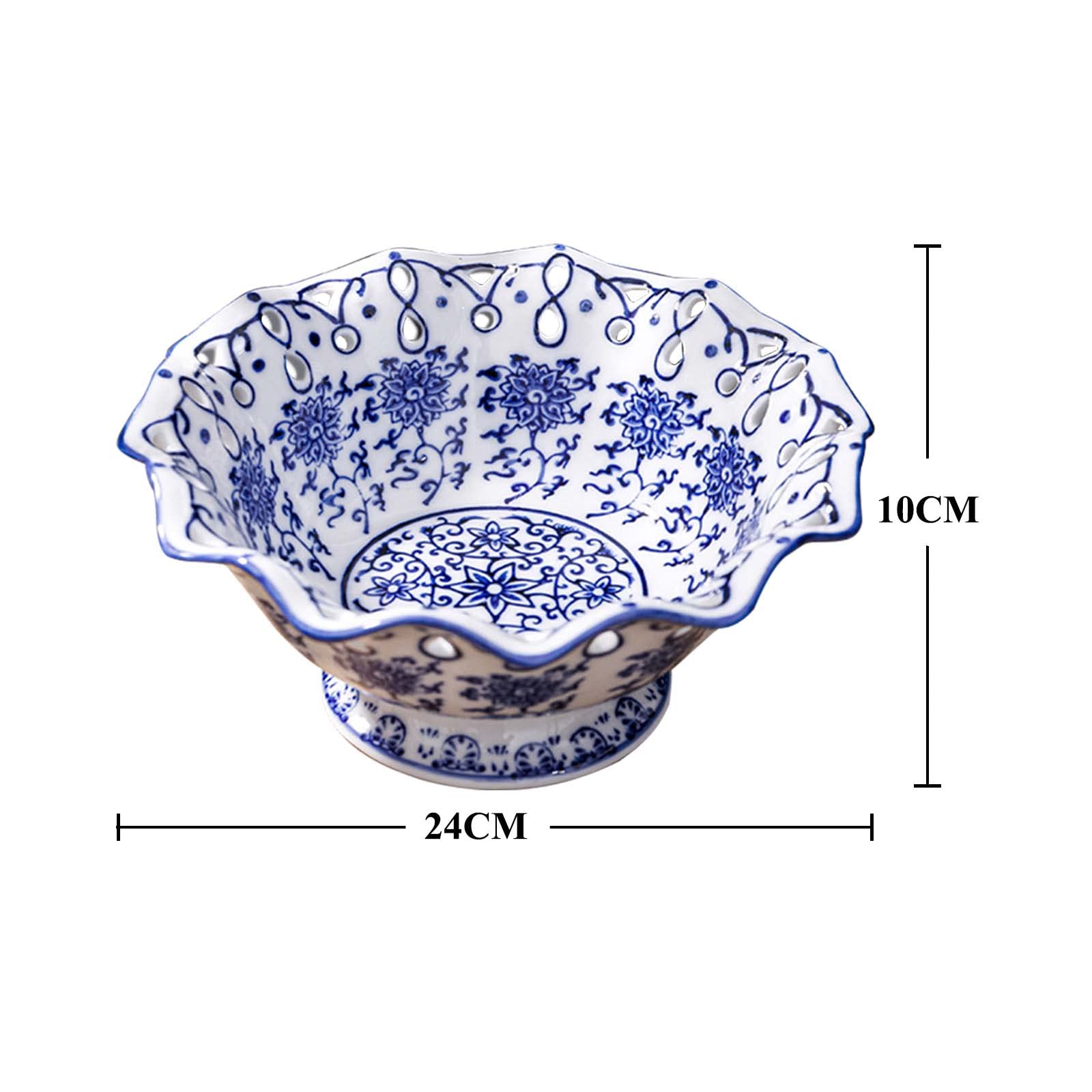 Fruit Bowl Fruit Serving Plate Blue and White Porcelain Decoration Bowl with Foot for Living Dining Drawing Room, 24cm (Blue&White-with foot)