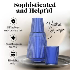 Vintage Bedside Water Carafe With Tumbler – 37 Oz Ribbed Pitcher and Matching Drinking Glass Doubles As Lid For Guest Room, Office-Makes A Gift, 4.5”x 9.25", Blue, American Atelier