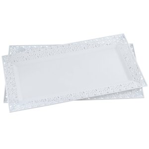 silver spoons and more,white lace rim 14"x7.5" heavyweight plastic set of 2 serving trays