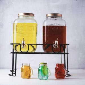 efavormart set of 2 glass beverage dispenser with spigot metal lid and one black stand - 2 gallon, wide mouth easy filling