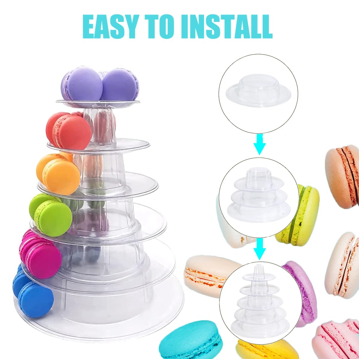 6 Tiers Round Macaron Tower Cake Stand Macaron Display Rack , Plastic Tiered Cake Dessert Serving Tower Tray for Wedding,Baby Shower and Birthday Party Decor