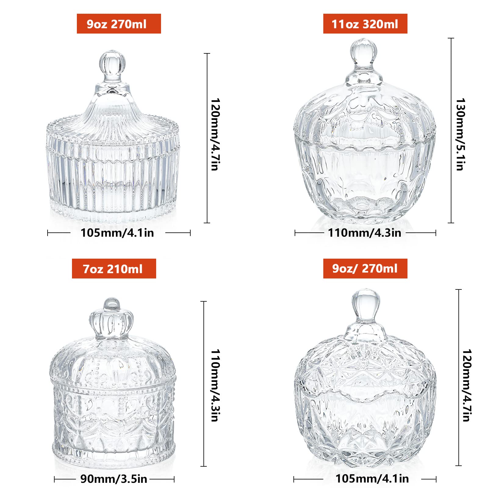 INFTYLE Glass Candy Dish with Lid Set of 4 Crystal Glass Candy Jar Jewelry Box Dappen Dish Cookie Jar for decorative storage gift idea (4pcs Clear)…