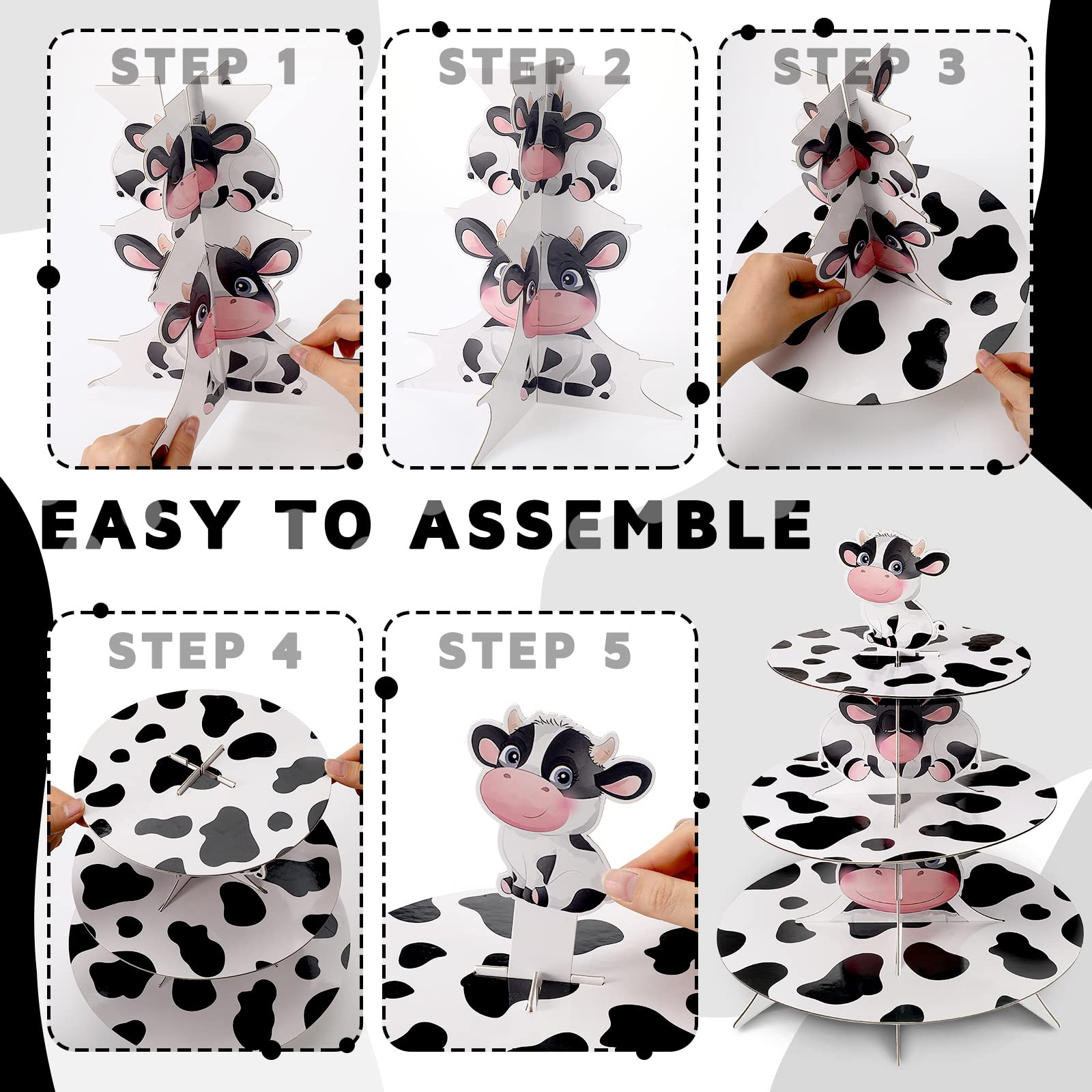 Farm Animal Cow Print Cupcake Stand Round Cardboard Cow Themed 3 Tier Cupcake Holder Cow Print Party Supplies Cow Party Decorations for 24 Cupcakes Baby Shower Cake Cowgirl Cowboy Decor