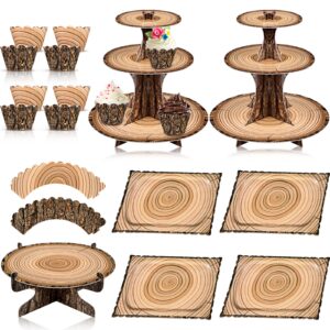 sacubee woodland cupcake stand set includes 2 wood grain cardboard 3-tier cupcake tower 1 rustic round cake stand 4 rectangle serving tray 60 cupcake wrappers bulk for camp lumberjack party decor