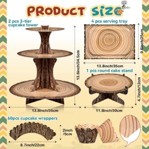 Sacubee Woodland Cupcake Stand Set Includes 2 Wood Grain Cardboard 3-Tier Cupcake Tower 1 Rustic Round Cake Stand 4 Rectangle Serving Tray 60 Cupcake Wrappers Bulk for Camp Lumberjack Party Decor