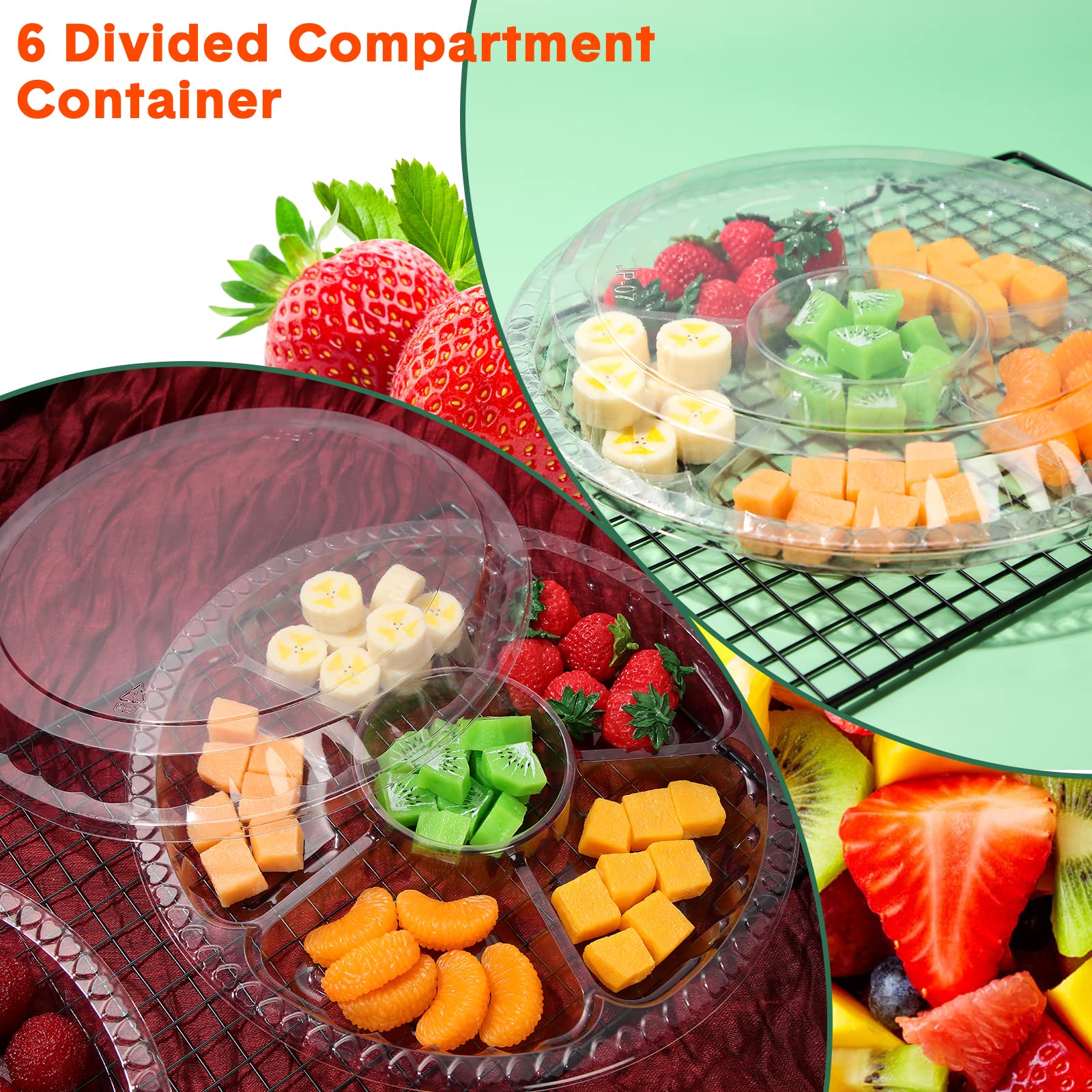 Patelai 32 Pcs Round Plastic Appetizer with Lid 10 Inch Veggie Fruit Serving Party Platter 6 Compartment Disposable Food Storage Divided Containers Supplies