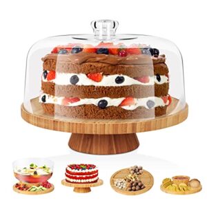 hevol cake stand with acrylic dome cover, bamboo cake plate with lid, 6 in 1 multifunctional cake holder, serving tray, salad bowl, veggie stand, punch bowl, snack platter, for display cakes, dessert