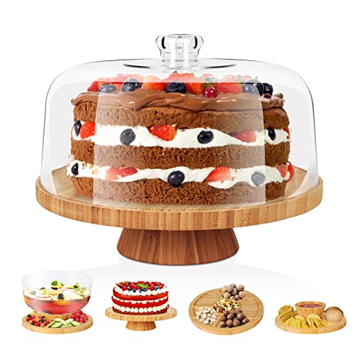 HEVOL Cake Stand with Acrylic Dome Cover, Bamboo Cake Plate with Lid, 6 in 1 Multifunctional Cake Holder, Serving Tray, Salad Bowl, Veggie Stand, Punch Bowl, Snack Platter, for Display Cakes, Dessert