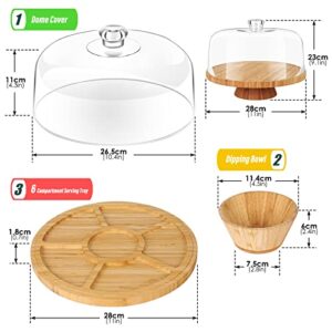 HEVOL Cake Stand with Acrylic Dome Cover, Bamboo Cake Plate with Lid, 6 in 1 Multifunctional Cake Holder, Serving Tray, Salad Bowl, Veggie Stand, Punch Bowl, Snack Platter, for Display Cakes, Dessert