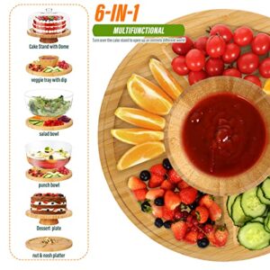 HEVOL Cake Stand with Acrylic Dome Cover, Bamboo Cake Plate with Lid, 6 in 1 Multifunctional Cake Holder, Serving Tray, Salad Bowl, Veggie Stand, Punch Bowl, Snack Platter, for Display Cakes, Dessert