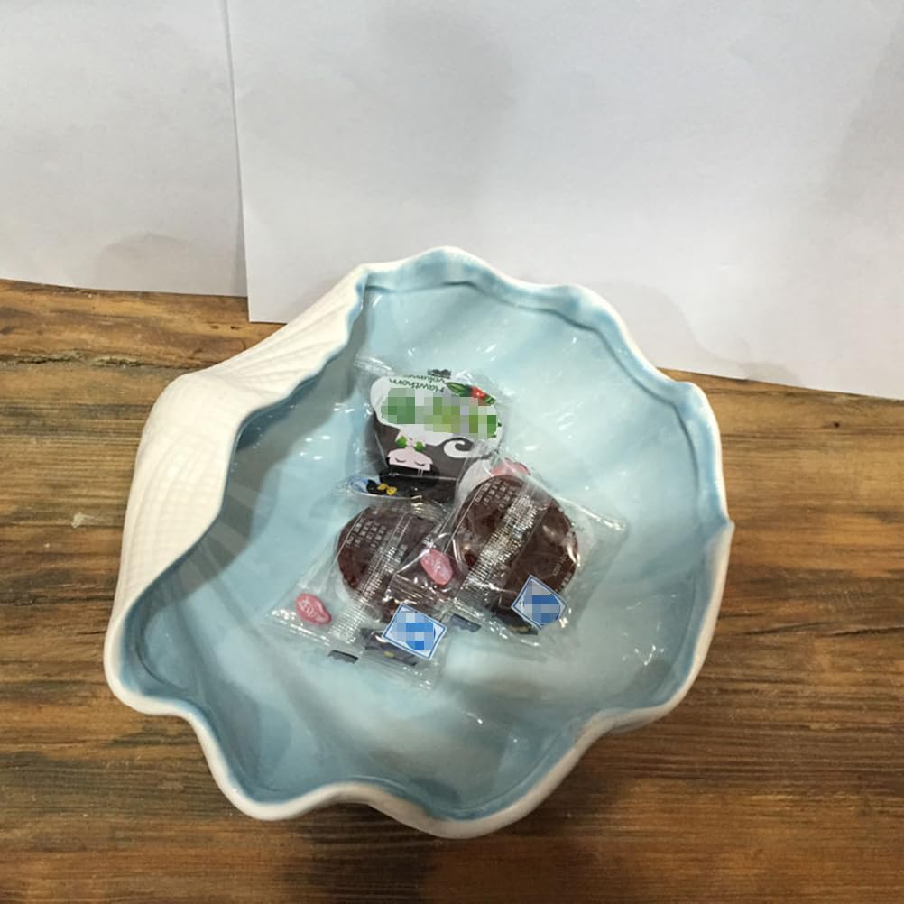 Garneck Shell Bowl Ceramic Seashell Shaped Dish Candy Nuts Fruits Serving Bowl Desktop Jewelry Sundries Tray Multiuse Storage Dish Blue