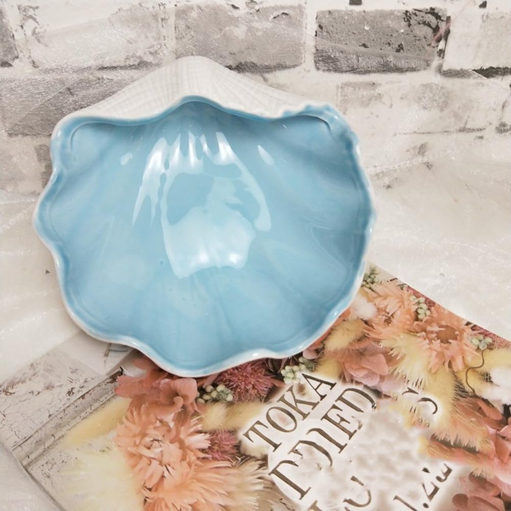 Garneck Shell Bowl Ceramic Seashell Shaped Dish Candy Nuts Fruits Serving Bowl Desktop Jewelry Sundries Tray Multiuse Storage Dish Blue