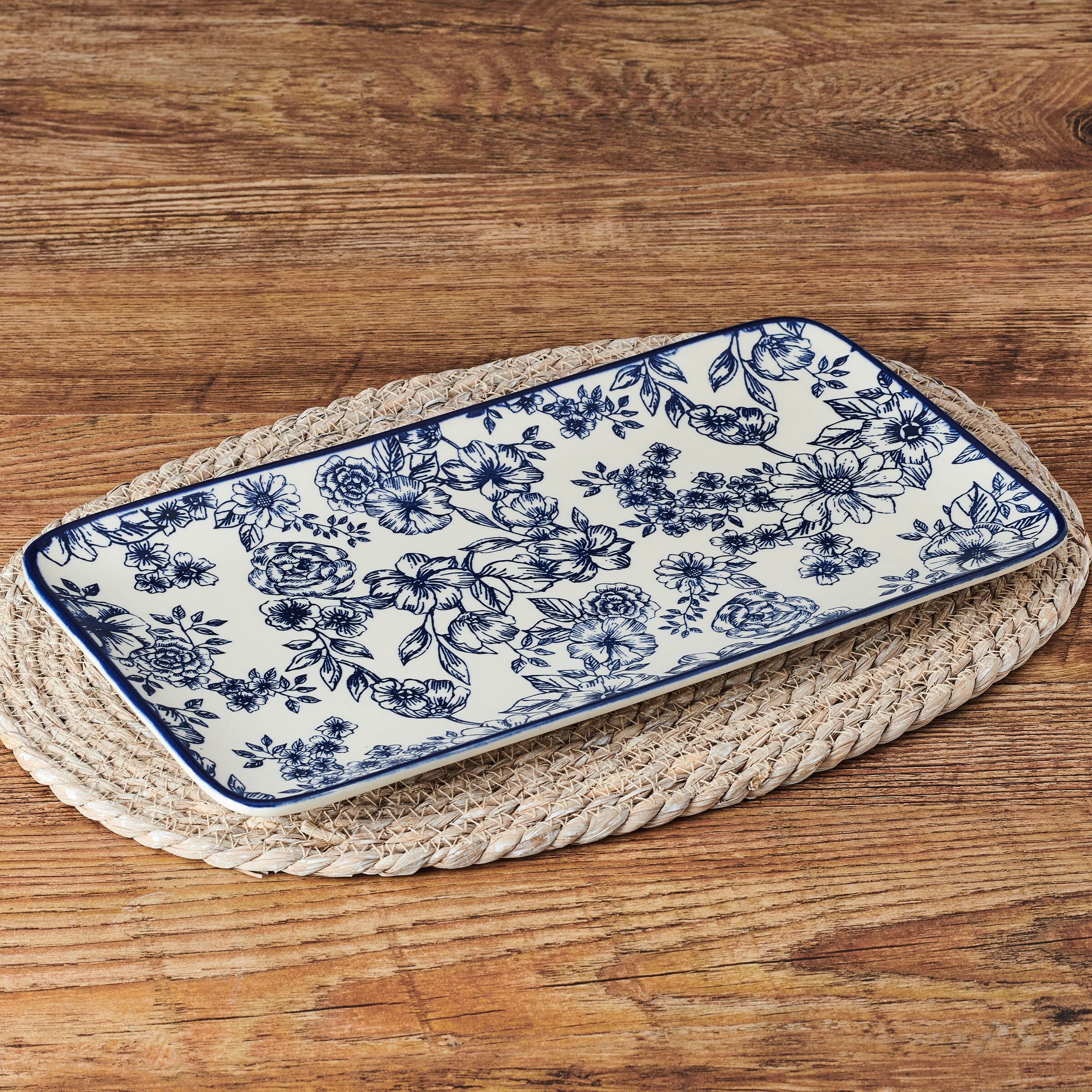 Pfaltzgraff Gabriela Floral Rectangle Platter, 14.75 Inch, Blue and White