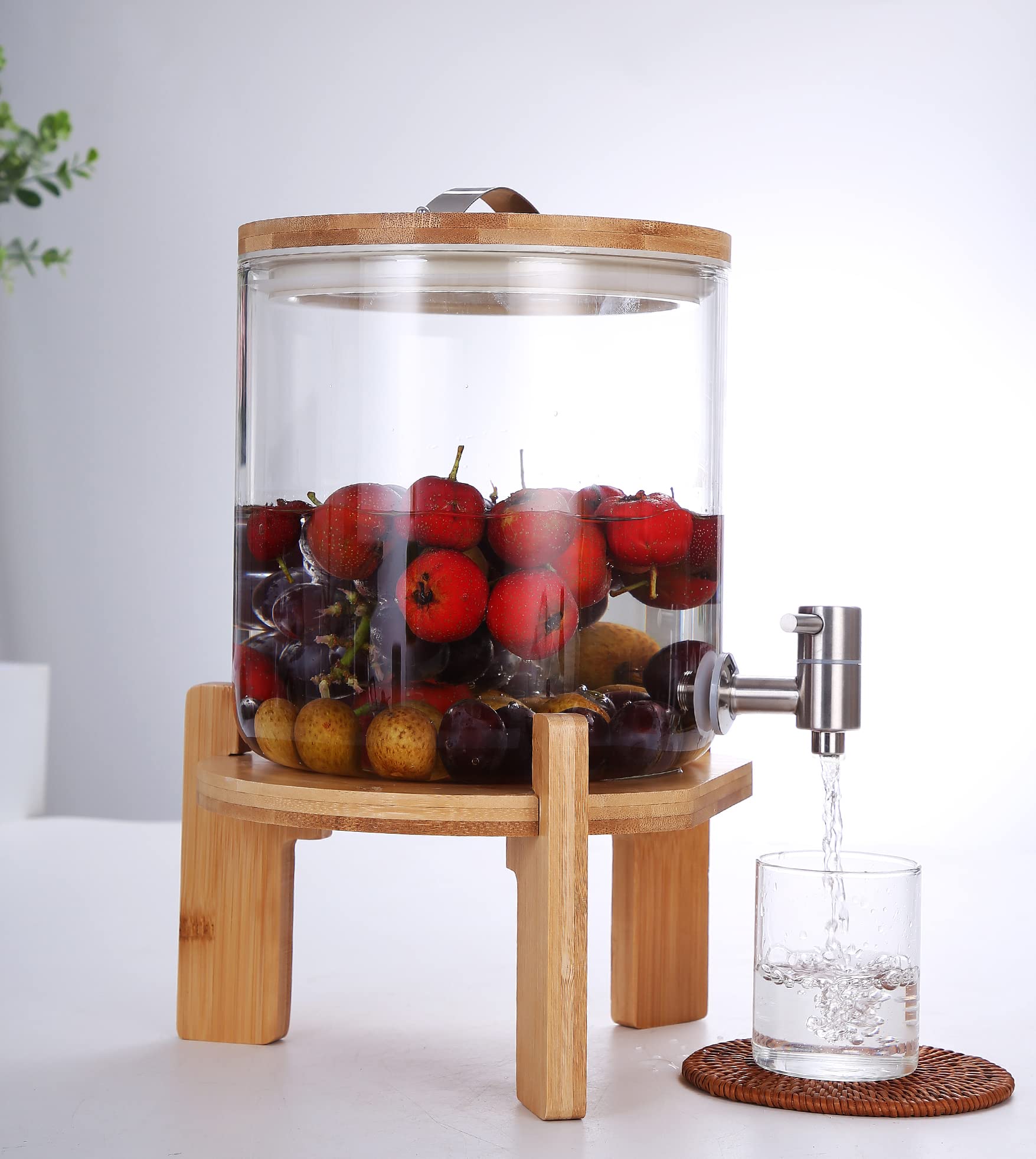 1.32 Gallon (5 L) Food Grade Borosilicate Glass Drink Dispenser, Beverage Dispenser With 304 Stainless Steel Faucet, Adjustable Exhaust Vent and Thermometer Air Tight Bamboo Lid, With Bamboo Stand