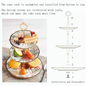 3 Tier Ceramic Vintage Cake Stand with Beautiful Classic Rose Pattern, Food Rack for Displaying Cake Platter