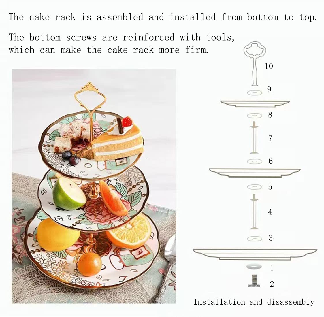 3 Tier Ceramic Vintage Cake Stand with Beautiful Classic Rose Pattern, Food Rack for Displaying Cake Platter