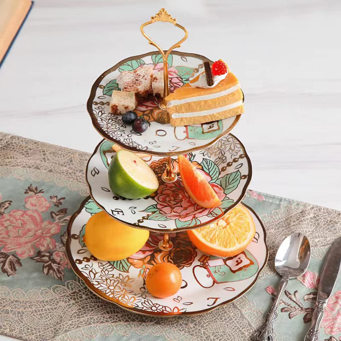 3 Tier Ceramic Vintage Cake Stand with Beautiful Classic Rose Pattern, Food Rack for Displaying Cake Platter