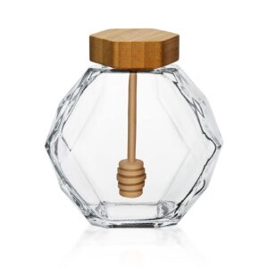 bfttlity honey pot jar hexagon shape honey pot container 380ml glass honey jar with dipper and lid cover for home kitchen (wooden lid)