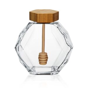 Bfttlity Honey Pot Jar Hexagon Shape Honey Pot Container 380ml Glass Honey Jar with Dipper and Lid Cover for Home Kitchen (Wooden lid)