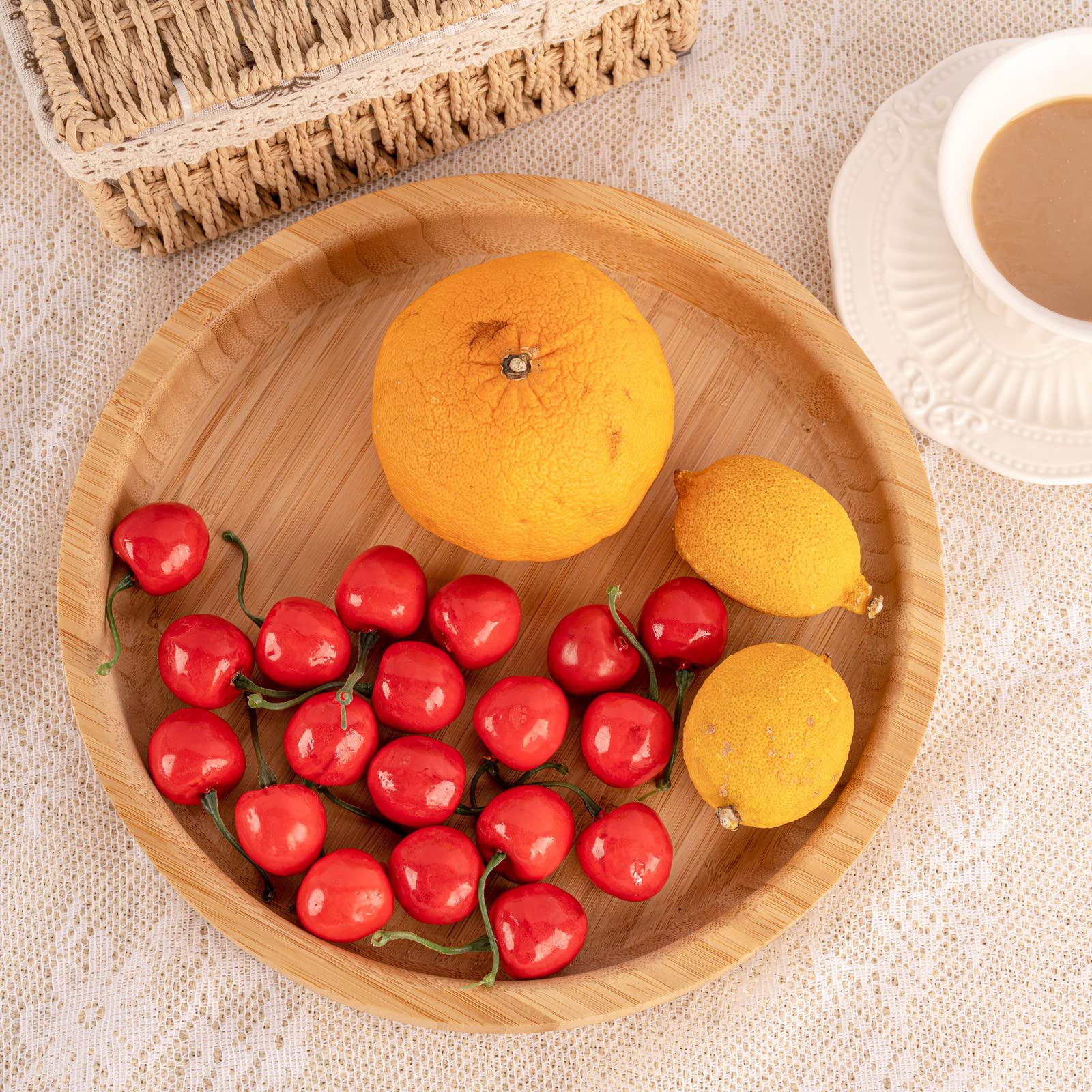 Dranixly Serving Tray, Round Bamboo Tray Beautiful Round Decorative Wood Tray for Kitchen Dining Room Coffee Table, Suitable for Storage and Display (9.8 inch)