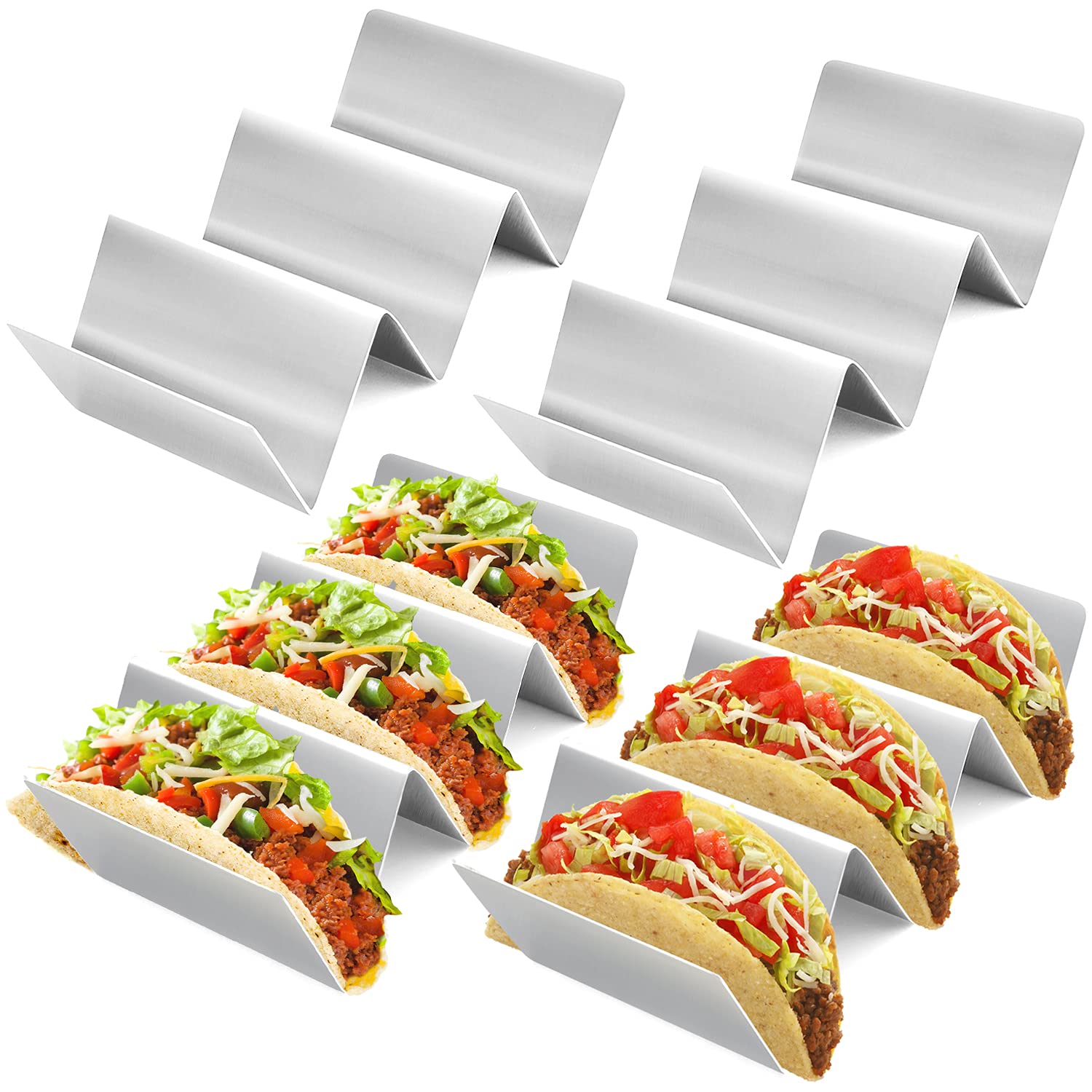 KORCCI Taco Holders Set of 4, Stainless Steel Taco Stand Shell Rack, Each Rack Holds Up to 3 Tacos. Taco Tray Plates for Taco Bar, Easy Serve Tacos. Oven and Grill Safe for Baking, Dishwasher