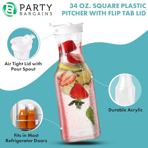 Party Bargains 34 Oz. Water Carafe with White Flip Tab Lid, Square Base, 6 Pack