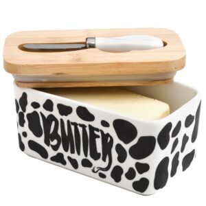 lumicook cow large butter dish with lid, butter dish with lid for countertop, ceramic butter dish with lid and knife, butter keeper double silicone seals, perfect for 2 sticks of butter black