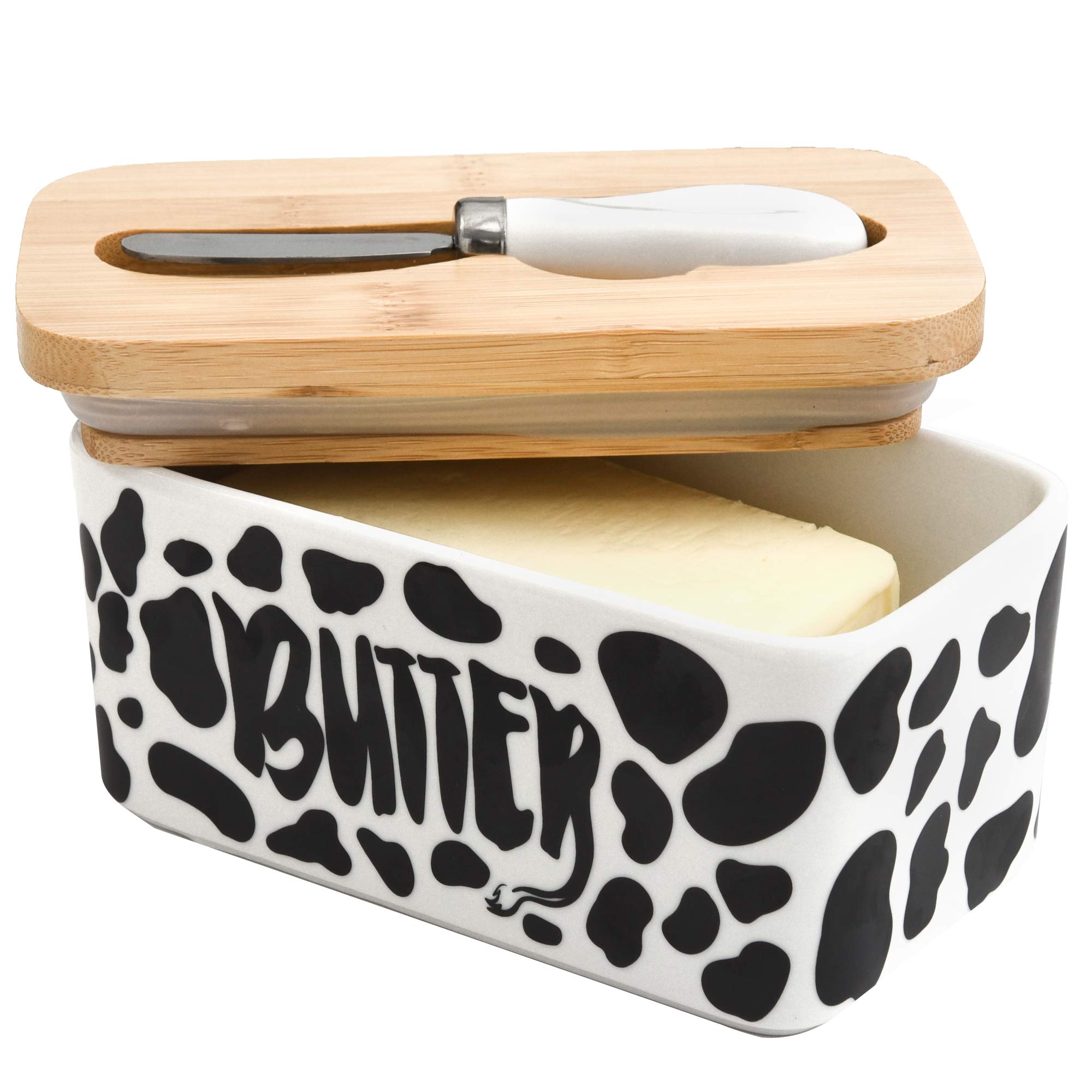 Lumicook Cow Large Butter Dish with Lid, Butter Dish with Lid for Countertop, Ceramic Butter Dish with lid and knife, Butter Keeper Double Silicone Seals, Perfect for 2 Sticks of Butter black