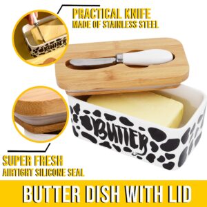 Lumicook Cow Large Butter Dish with Lid, Butter Dish with Lid for Countertop, Ceramic Butter Dish with lid and knife, Butter Keeper Double Silicone Seals, Perfect for 2 Sticks of Butter black