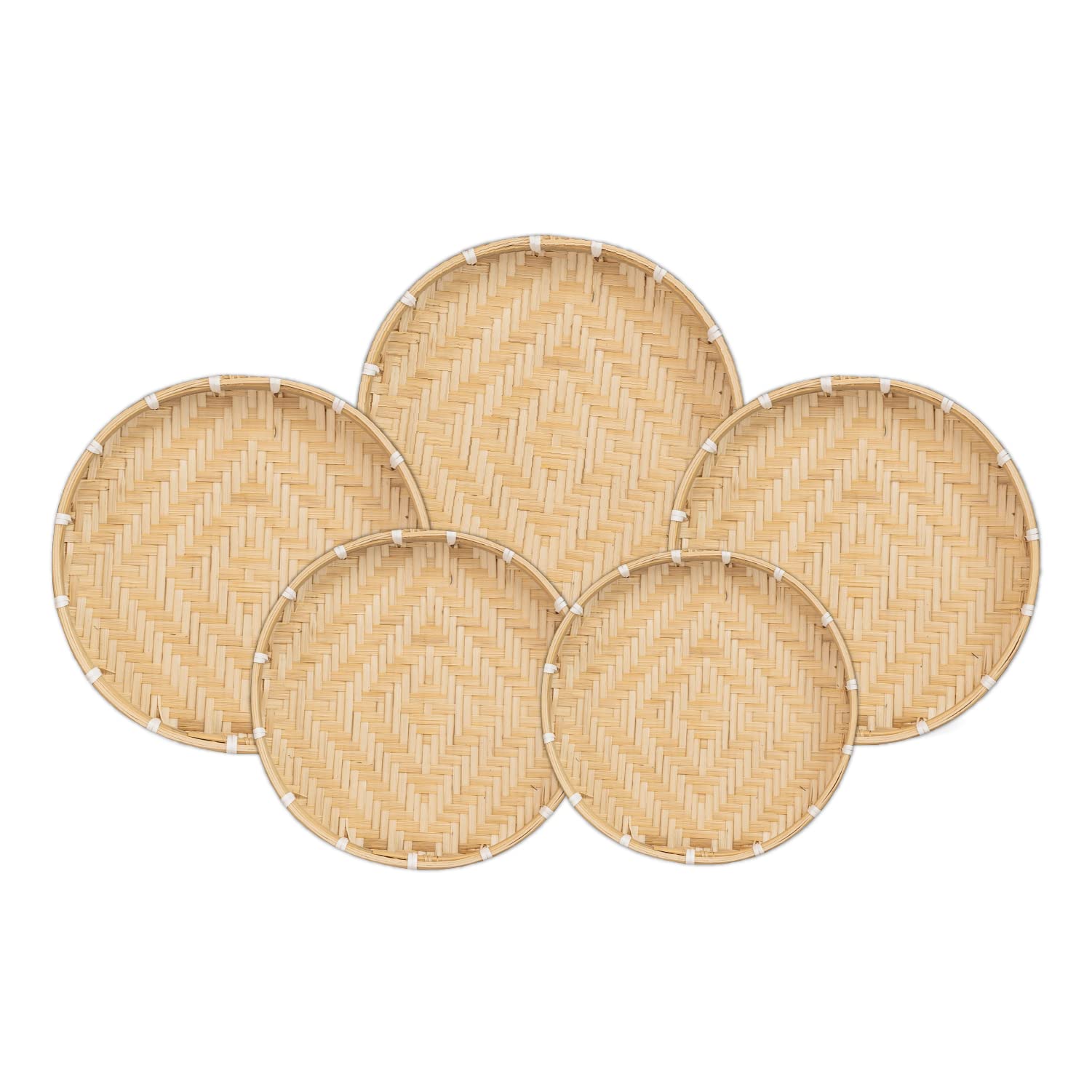 LiLaCraft Set 5 Handwoven Star-Patterned Bamboo Serving Trays, Decorative Flat Wicker Baskets for Food Storage, Fruit and Snacks Holder, Shallow Wicker Trays for Kitchen, Bedroom, Bathroom