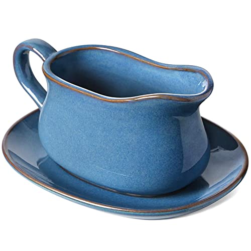 LE TAUCI 17oz Gravy Boat with Saucer Stand, Set of 1, Ceramic Sauce Boat with Tray for Salad Dressings, Creamer, Broth, Black Pepper, Ceylon blue