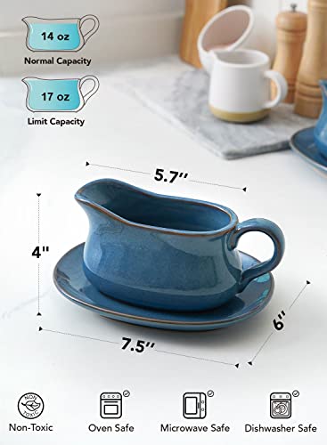 LE TAUCI 17oz Gravy Boat with Saucer Stand, Set of 1, Ceramic Sauce Boat with Tray for Salad Dressings, Creamer, Broth, Black Pepper, Ceylon blue