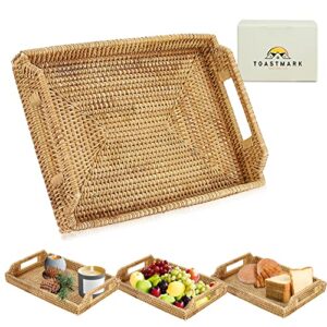 hand woven rattan serving tray - durable, lightweight 17 inches rattan basket trays with handles - rectangular basket organizer tray for coffee table - can be used for snacks, drinks and decor
