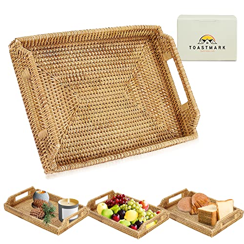 Hand Woven Rattan Serving Tray - Durable, Lightweight 17 Inches Rattan Basket Trays with Handles - Rectangular Basket Organizer Tray for Coffee Table - Can be Used for Snacks, Drinks and Decor