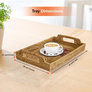 Hand Woven Rattan Serving Tray - Durable, Lightweight 17 Inches Rattan Basket Trays with Handles - Rectangular Basket Organizer Tray for Coffee Table - Can be Used for Snacks, Drinks and Decor