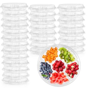 lawei 30 pack 12.5 inch plastic appetizer tray with lid, 6 sectional round plastic serving tray, pet food serving dip platter, disposable fruit vegetable trays storage containers for party buffet