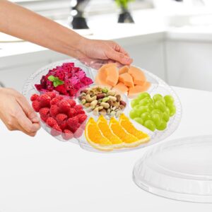 Lawei 30 Pack 12.5 Inch Plastic Appetizer Tray with Lid, 6 Sectional Round Plastic Serving Tray, PET Food Serving Dip Platter, Disposable Fruit Vegetable Trays Storage Containers for Party Buffet