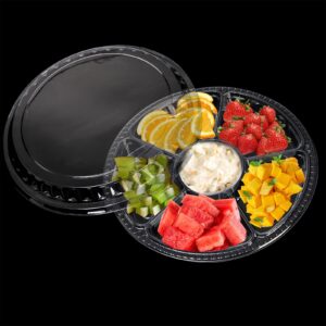 Lawei 30 Pack 12.5 Inch Plastic Appetizer Tray with Lid, 6 Sectional Round Plastic Serving Tray, PET Food Serving Dip Platter, Disposable Fruit Vegetable Trays Storage Containers for Party Buffet