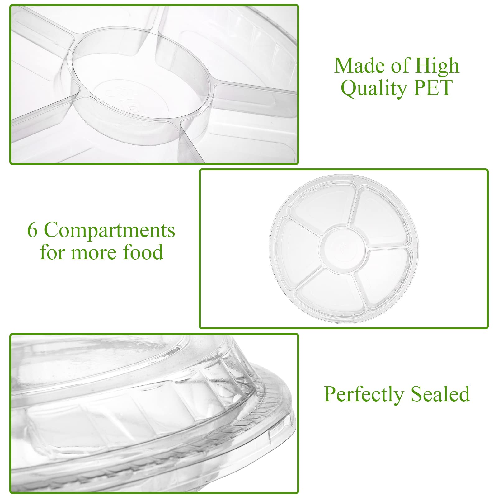 Lawei 30 Pack 12.5 Inch Plastic Appetizer Tray with Lid, 6 Sectional Round Plastic Serving Tray, PET Food Serving Dip Platter, Disposable Fruit Vegetable Trays Storage Containers for Party Buffet